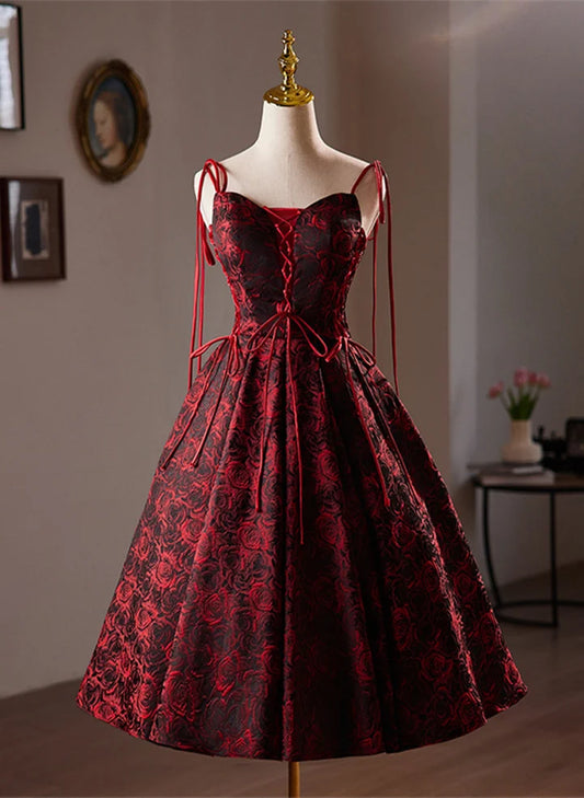 Beaira Wine Red Floral Satin Straps Knee Length Party Dress Wine Red Homecoming Dress