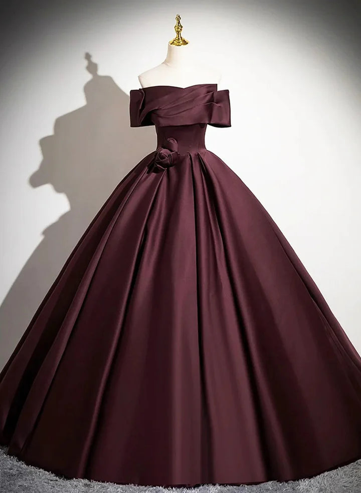 Beaira Lovely Off Shoulder Maroon Satin Long Party Dress Maroon Prom Dress