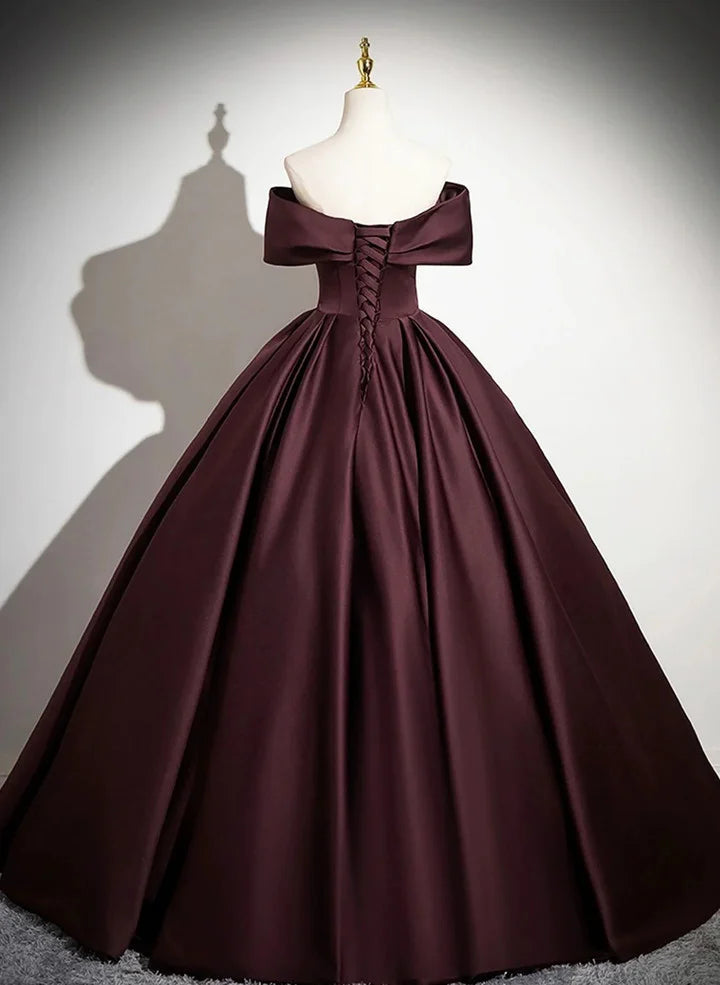 Beaira Lovely Off Shoulder Maroon Satin Long Party Dress Maroon Prom Dress