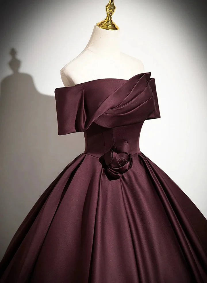 Beaira Lovely Off Shoulder Maroon Satin Long Party Dress Maroon Prom Dress