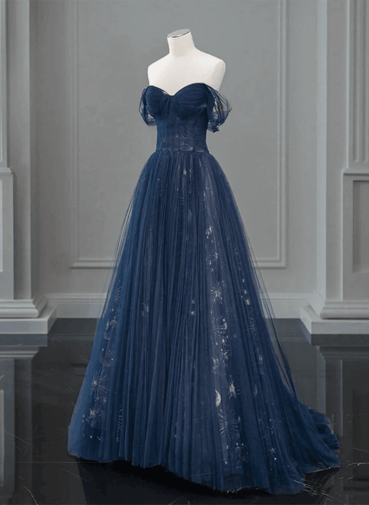 Beaira Navy Blue Sweetheart Off Shoulder Tulle Prom Dress A-line Tulle Formal Dress