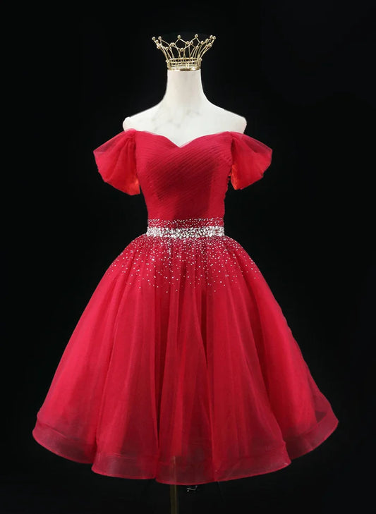 Beaira Lovely Red Tulle Beaded Off Shoulder Homecoming Dress Red Sweetheart Prom Dress