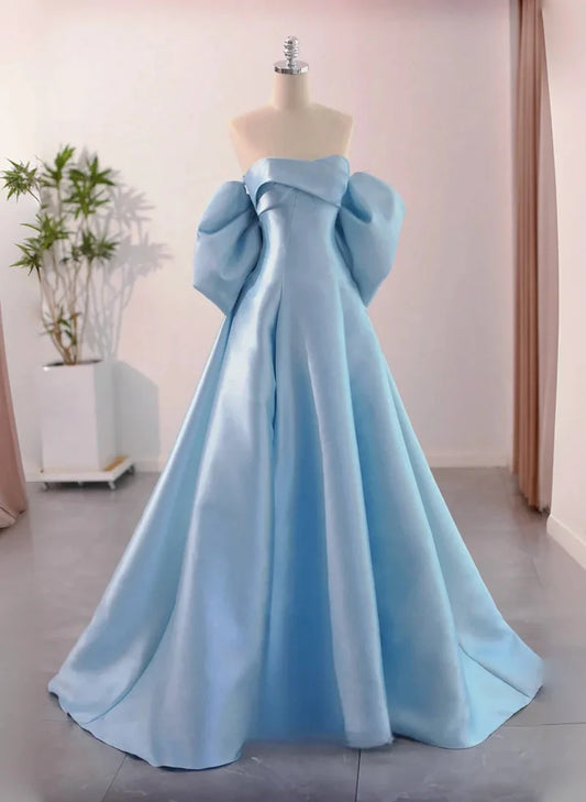 Beaira Blue Satin Off Shoulder A-line Long Prom Dress Blue Evening Dress