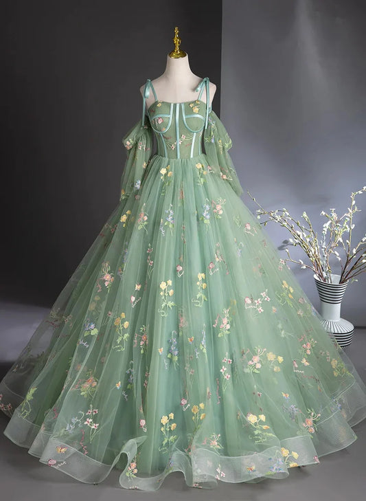 Beaira Green Floral Tulle Long Prom Dress Beautiful A-Line Evening Formal Dress