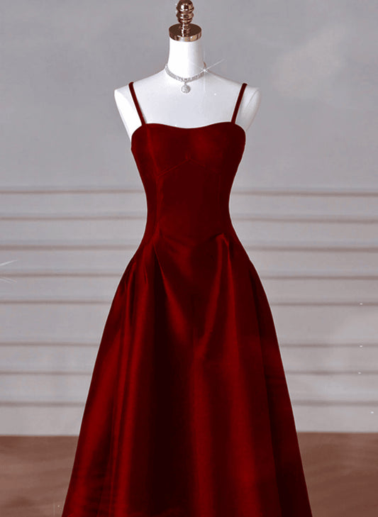 Beaira Wine Red A-Line Straps Satin Long Party Dress Wine Red Long Prom Dress Evening Dress