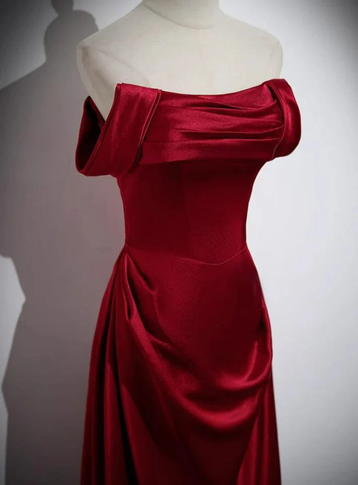 Beaira Wine Red Satin Off Shoulder Long Party Dress A-line Satin Prom Dress