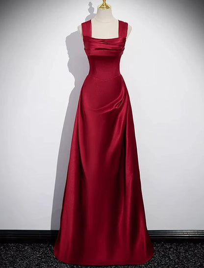 Beaira Wine Red Satin Off Shoulder Long Party Dress A-line Satin Prom Dress