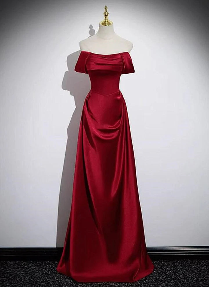 Beaira Wine Red Satin Off Shoulder Long Party Dress A-line Satin Prom Dress