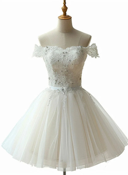 Beaira Cute White Short Tulle with Lace Applique Prom Dress White Homecoming Dress