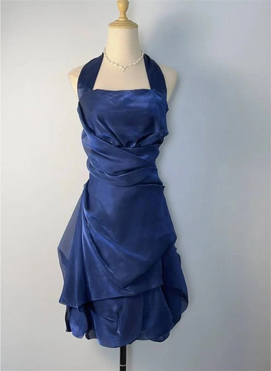 Beaira Blue Short Halter Homecoming Dress Party Dress Blue Short Formal Dress