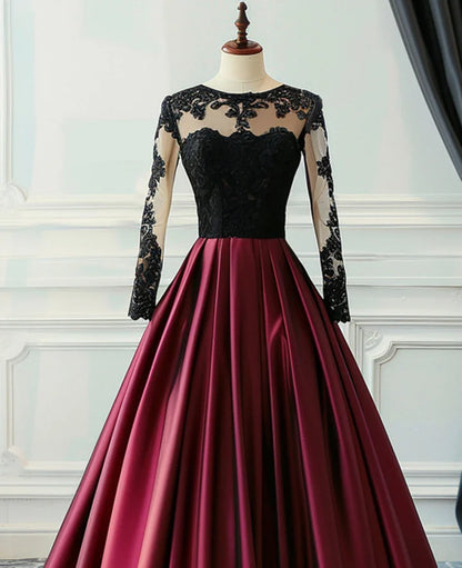 Beaira Wine Red Satin with Black Lace Long Sleeves Prom Dress Satin Formal Dress