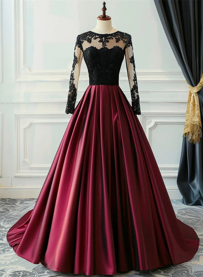 Beaira Wine Red Satin with Black Lace Long Sleeves Prom Dress Satin Formal Dress