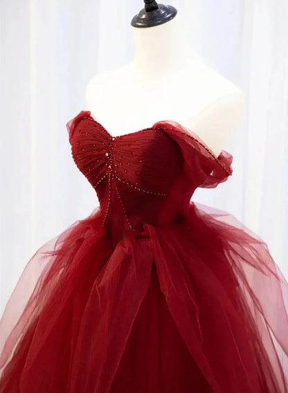 Beaira Wine Red Sweetheart Tulle Beaded Long Party Dress Wine Red Tulle Prom Dress