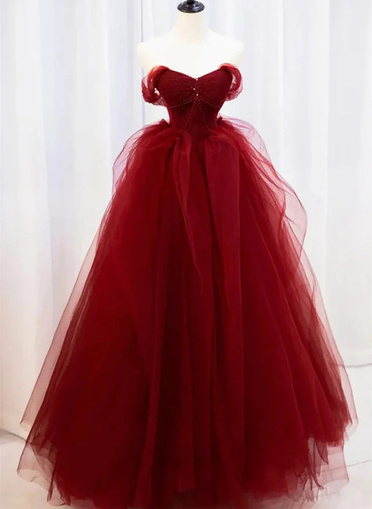 Beaira Wine Red Sweetheart Tulle Beaded Long Party Dress Wine Red Tulle Prom Dress