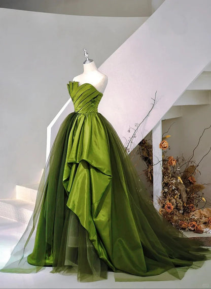 Beaira Green Satin and Tulle Sweetheart Long Party Dress Green Prom Dress