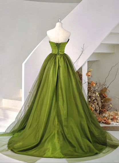 Beaira Green Satin and Tulle Sweetheart Long Party Dress Green Prom Dress