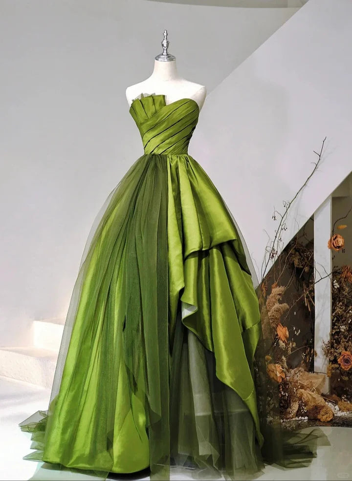 Beaira Green Satin and Tulle Sweetheart Long Party Dress Green Prom Dress