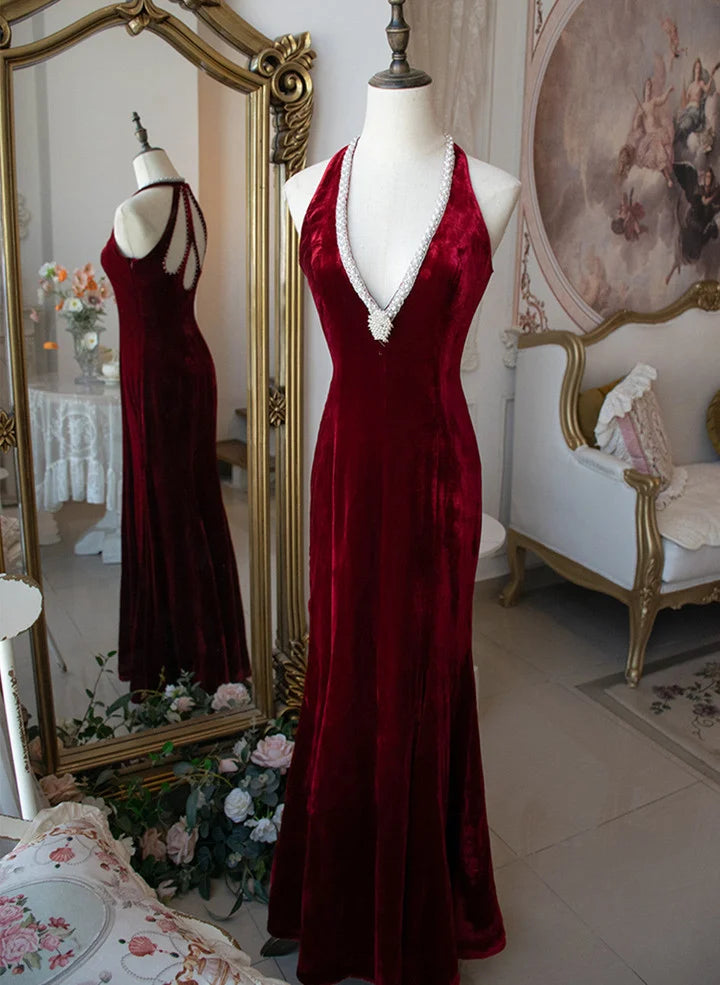 Beaira Wine Red Velvet Mermaid Beaded Long Party Dress Wine Red Prom Dress