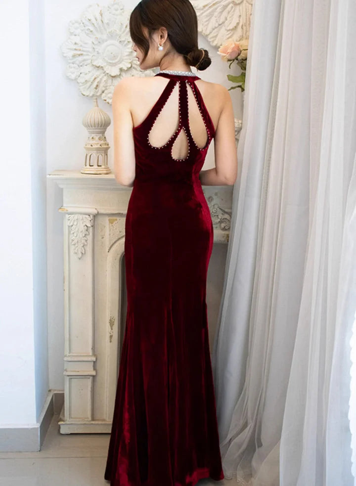 Beaira Wine Red Velvet Mermaid Beaded Long Party Dress Wine Red Prom Dress