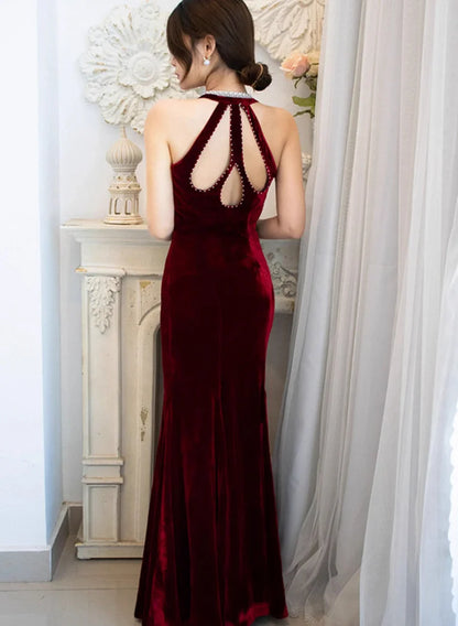 Beaira Wine Red Velvet Mermaid Beaded Long Party Dress Wine Red Prom Dress