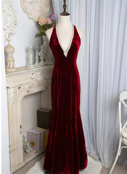 Beaira Wine Red Velvet Mermaid Beaded Long Party Dress Wine Red Prom Dress