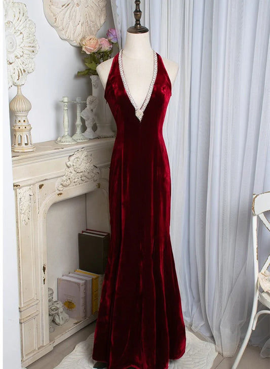 Beaira Wine Red Velvet Mermaid Beaded Long Party Dress Wine Red Prom Dress