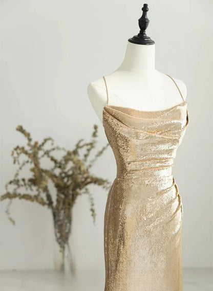 Beaira Chic Champagne Sequins Long Prom Dress Sequins Champagne Formal Dress