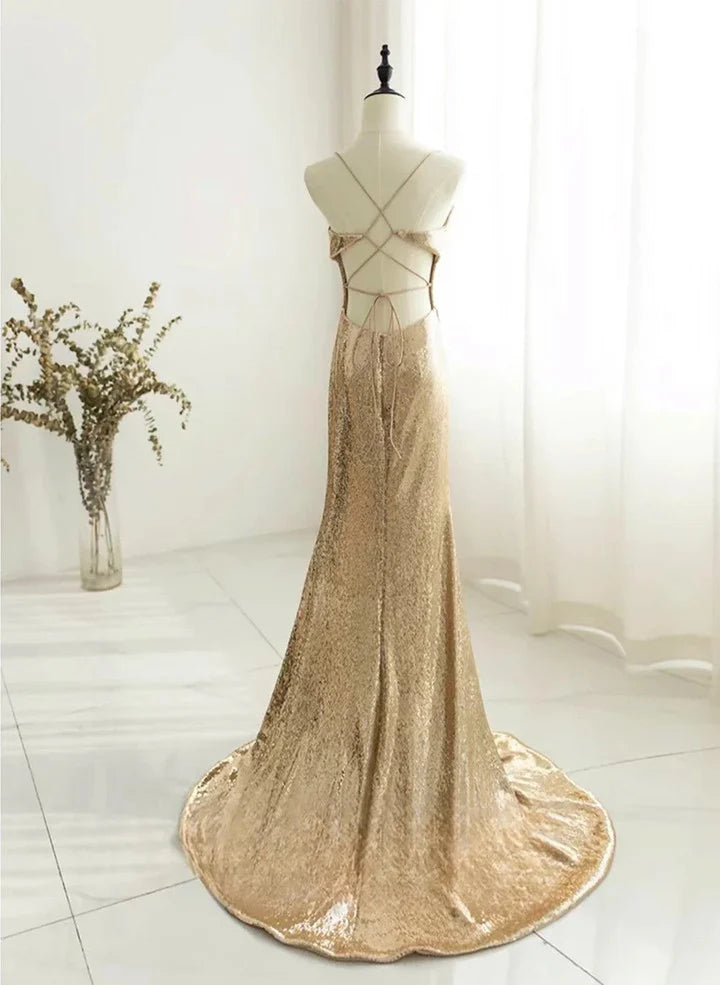 Beaira Chic Champagne Sequins Long Prom Dress Sequins Champagne Formal Dress