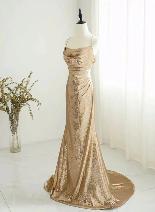 Beaira Chic Champagne Sequins Long Prom Dress Sequins Champagne Formal Dress