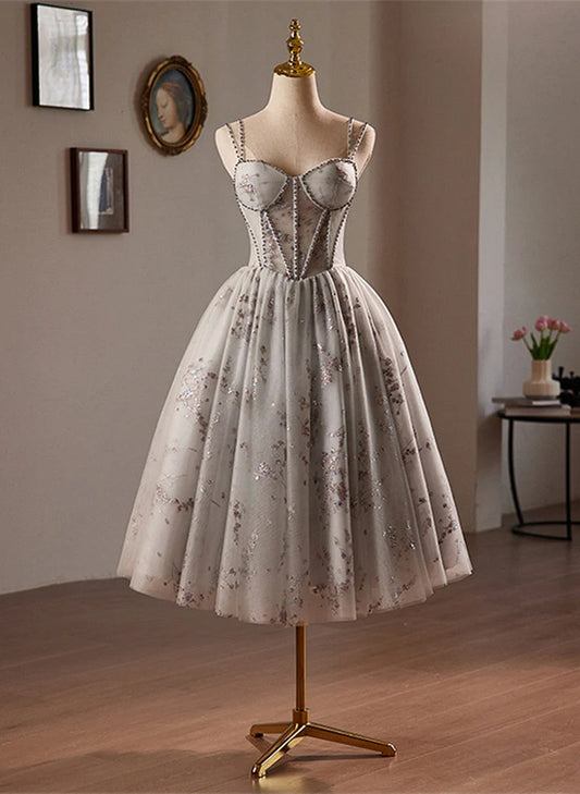 Beaira Grey Sweetheart Tulle Beaded Straps Homecoming Dress Grey Tulle Prom Dress