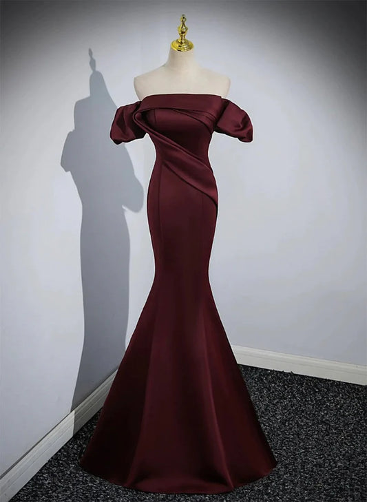 Beaira Charming Maroon Satin Mermaid Off Shoulder Prom Dress Maroon Party Dress