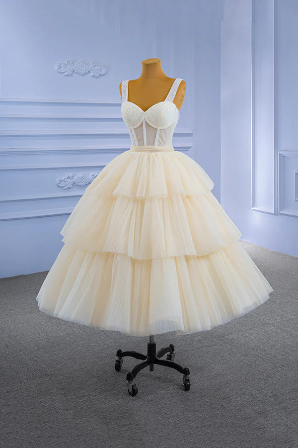 Champagne Tulle Short Prom Dress with Beaded A-Line Tea Length Party Dress