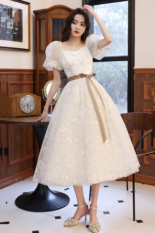 White Tulle Knee Length Prom Dress Cute Short Sleeve Homecoming Dress