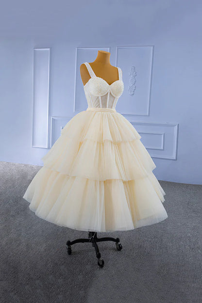 Champagne Tulle Short Prom Dress with Beaded A-Line Tea Length Party Dress