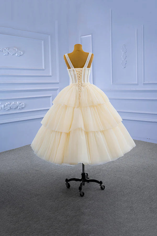 Champagne Tulle Short Prom Dress with Beaded A-Line Tea Length Party Dress