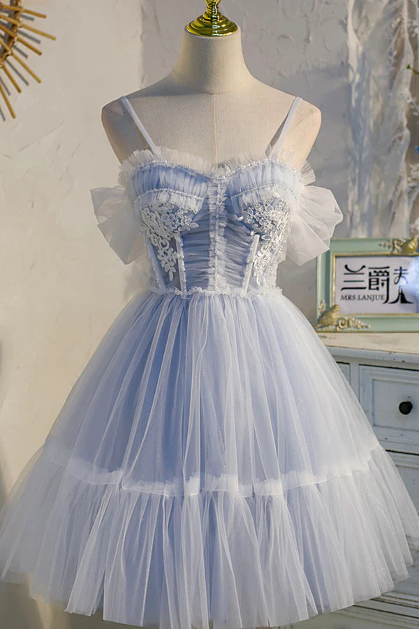 Lovely Tulle Spaghetti Strap Short Prom Dresses A-Line Lace Homecoming Dresses