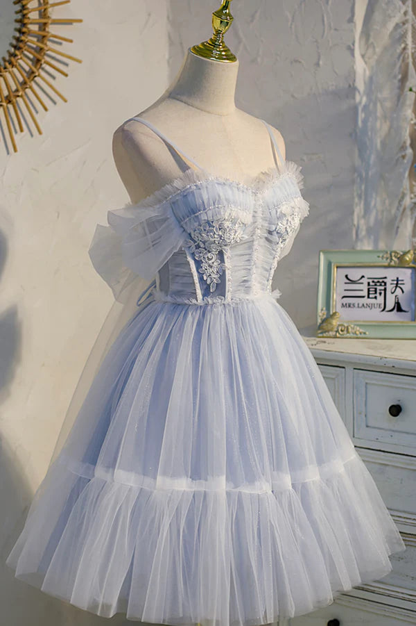 Lovely Tulle Spaghetti Strap Short Prom Dresses A-Line Lace Homecoming Dresses