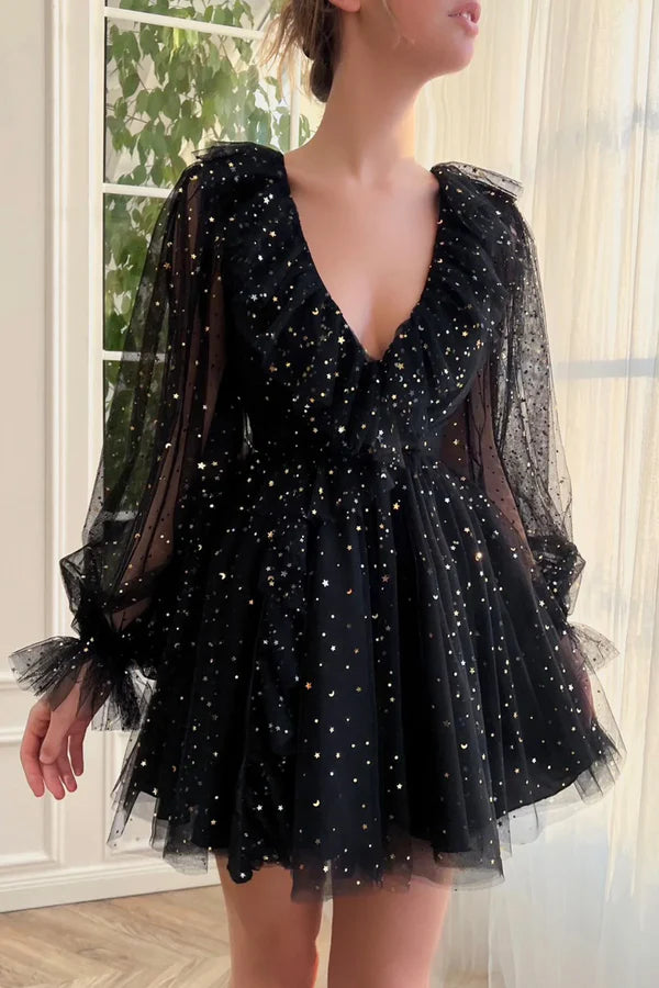 Black V-Neck Tulle Short Prom Dress Cute A-Line Long Sleeve Party Dress