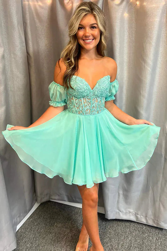 Green Chiffon Lace Short Prom Dress Off the Shoulder Evening Party Dress