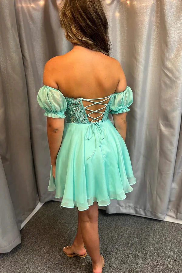 Green Chiffon Lace Short Prom Dress Off the Shoulder Evening Party Dress