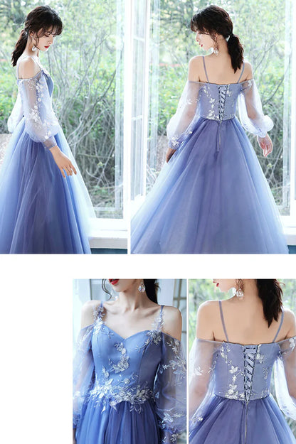 Blue Lace Short A-Line Prom Dress Blue Spaghetti Strap Evening Party Dress