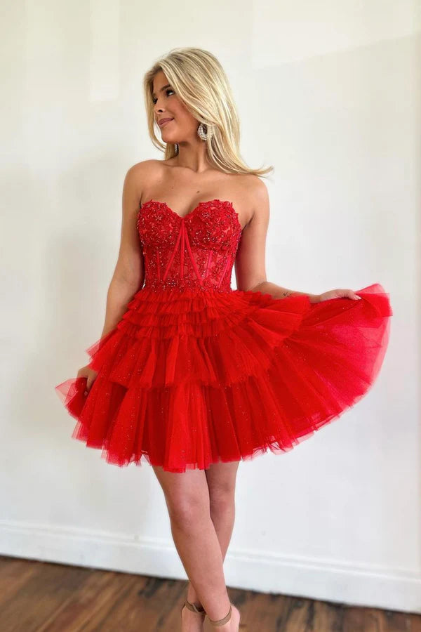 Cute Sweetheart Neck Beaded Red Lace Prom Dresses Red Strapless Homecoming Dresses