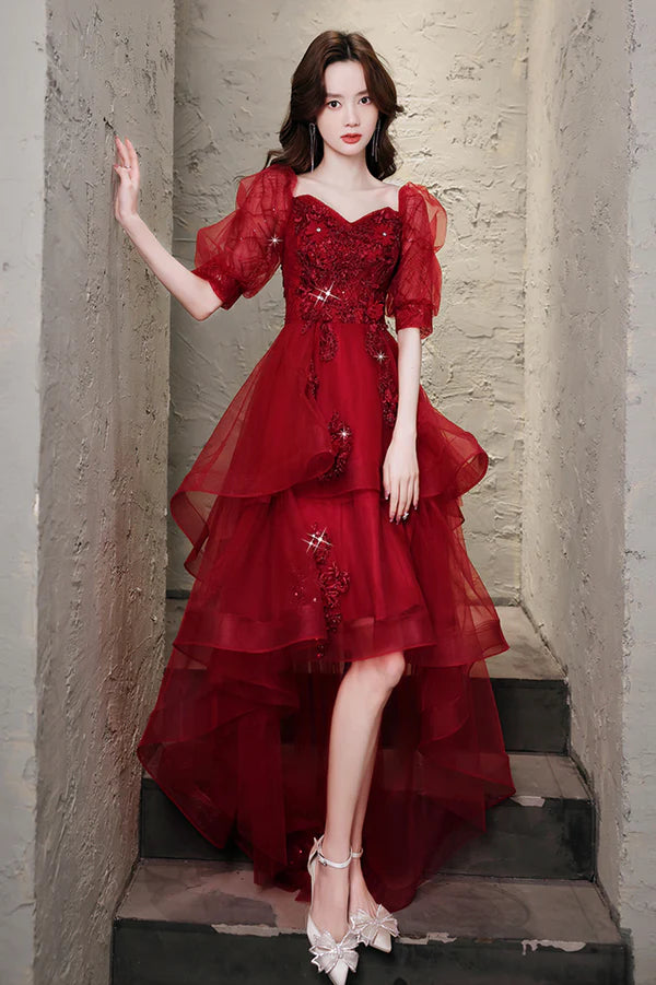 Burgundy Lace High Low Prom Dress A-Line 1/2 Sleeve Evening Party Dress