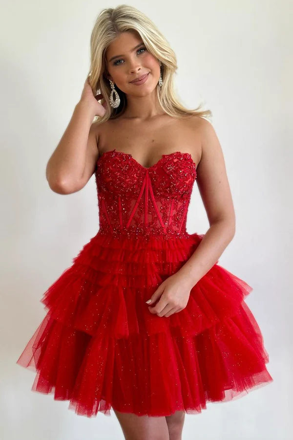 Cute Sweetheart Neck Beaded Red Lace Prom Dresses Red Strapless Homecoming Dresses