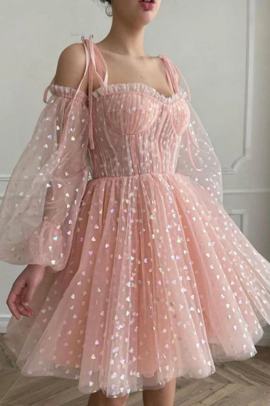 Pink Tulle Short A-Line Prom Dress Lovely Long Sleeve Homecoming Party Dress