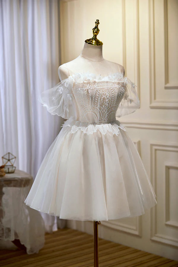 Champagne Sweetheart Lace Tulle Party Dress A-Line Homecoming Dress