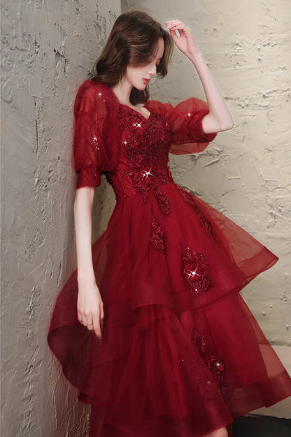 Burgundy Lace High Low Prom Dress A-Line 1/2 Sleeve Evening Party Dress