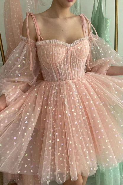 Pink Tulle Short A-Line Prom Dress Lovely Long Sleeve Homecoming Party Dress