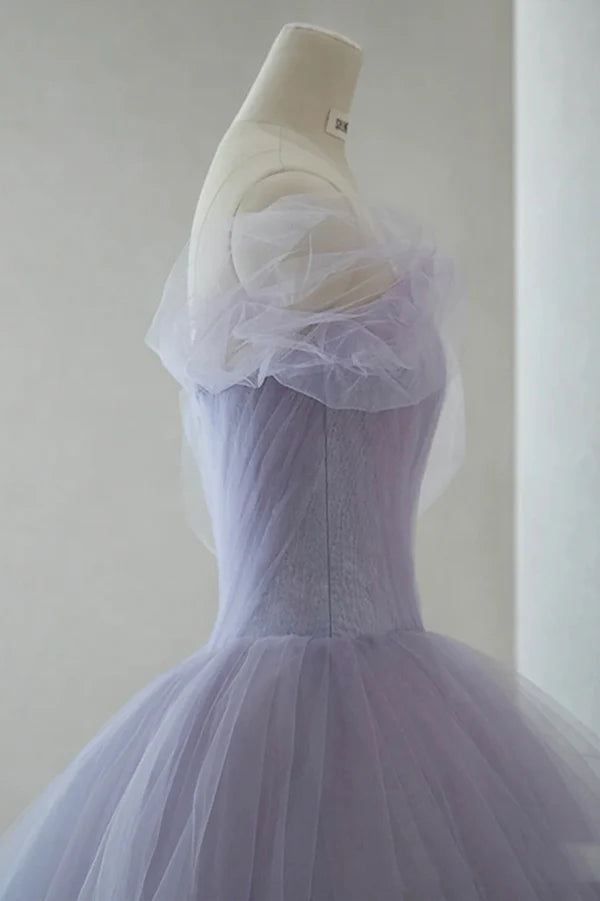 Purple Tulle Short A-Line Prom Dress Cute Off the Shoulder Party Dress