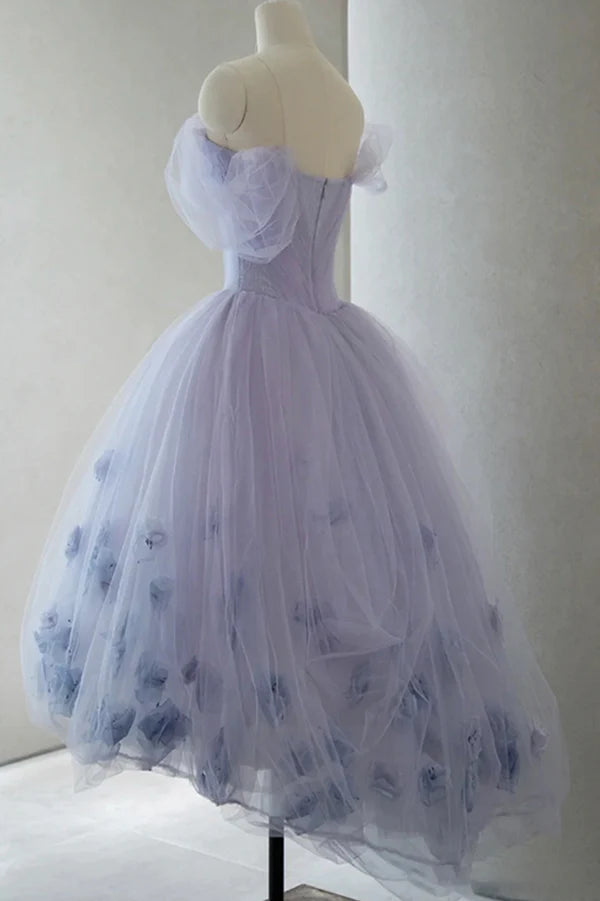 Purple Tulle Short A-Line Prom Dress Cute Off the Shoulder Party Dress